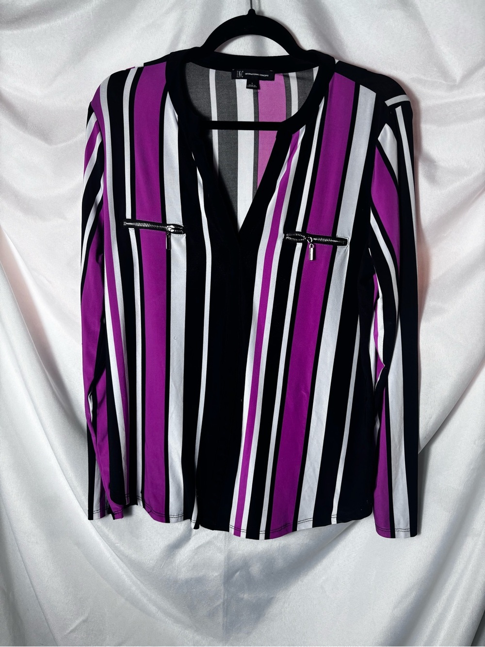 INC International Concepts Purple, Black‎ & White Vertical Stripe V-Neck Blouse